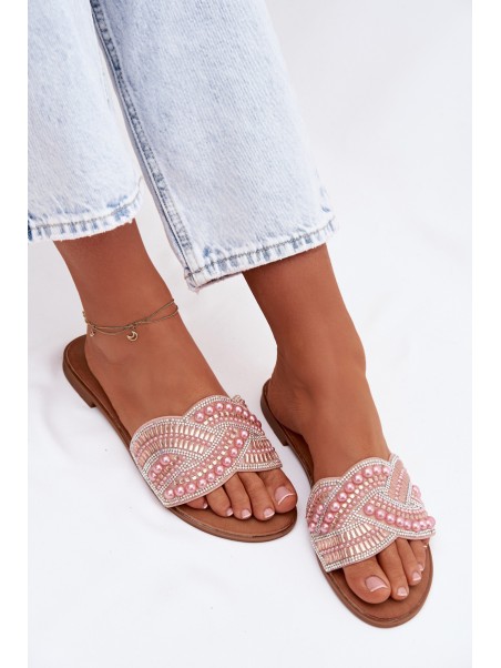 Decorated Women's Flat Pink Slides Dovima