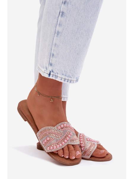 Decorated Women's Flat Pink Slides Dovima