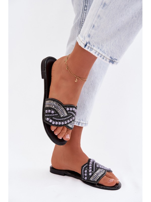 Embellished Flat Black Slides Dovima