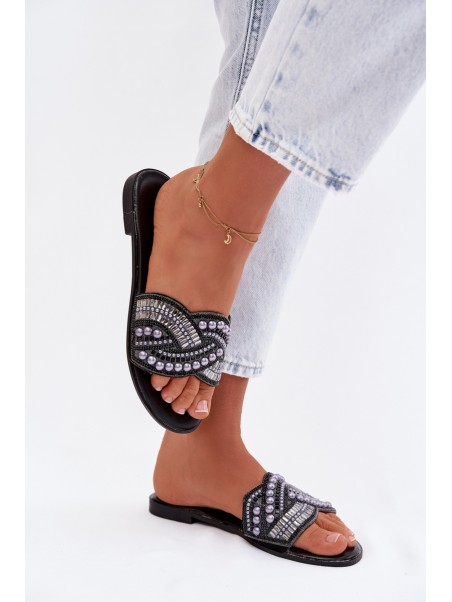 Embellished Flat Black Slides Dovima