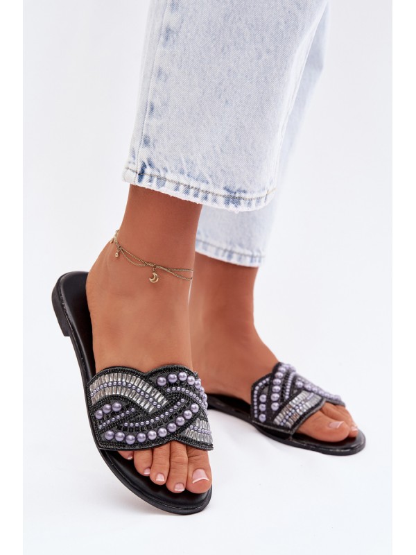 Embellished Flat Black Slides Dovima 2