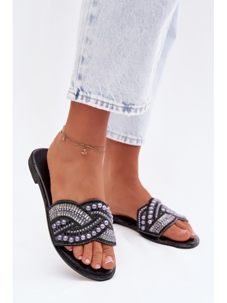 Embellished Flat Black Slides Dovima