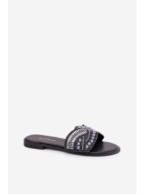 Embellished Flat Black Slides Dovima