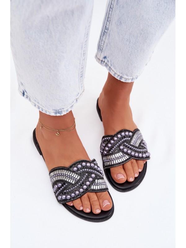 Embellished Flat Black Slides Dovima