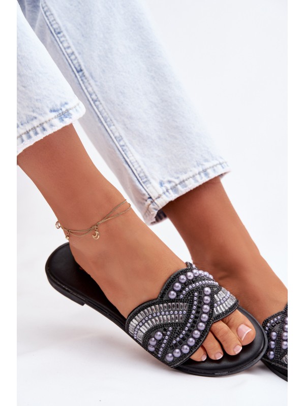 Embellished Flat Black Slides Dovima