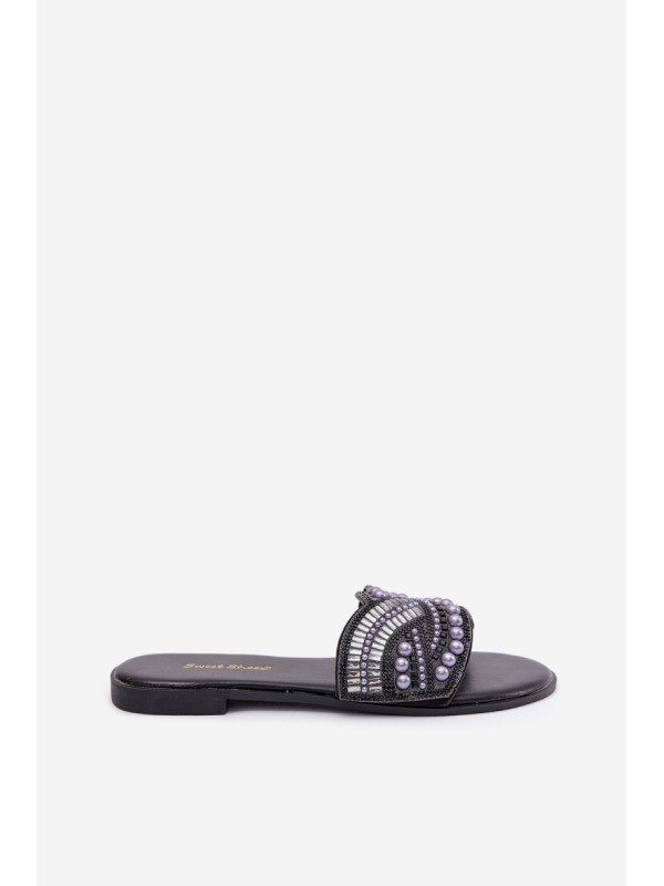 Embellished Flat Black Slides Dovima