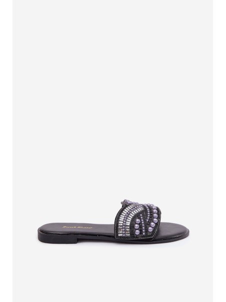 Embellished Flat Black Slides Dovima