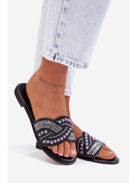 Embellished Flat Black Slides Dovima