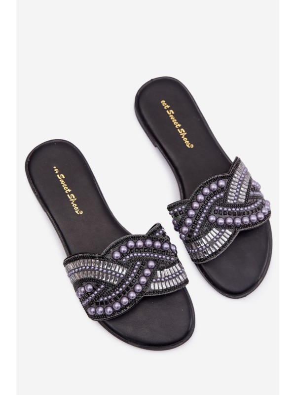 Embellished Flat Black Slides Dovima