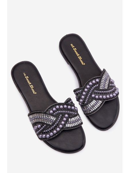 Embellished Flat Black Slides Dovima