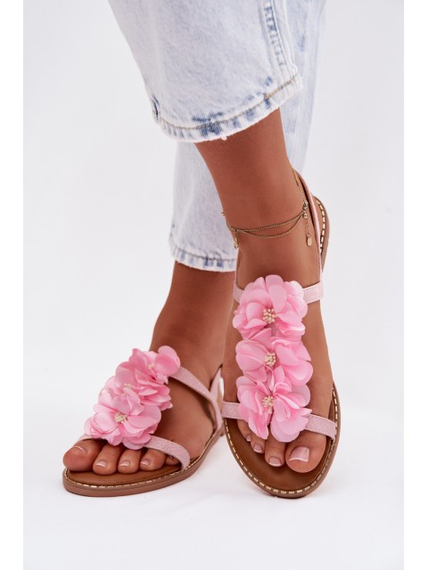 Women's Flat Pink Sandals With Decorative Flowers Noemia
