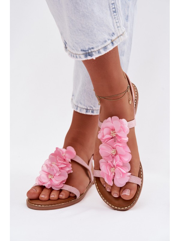 Women's Flat Pink Sandals With Decorative Flowers Noemia