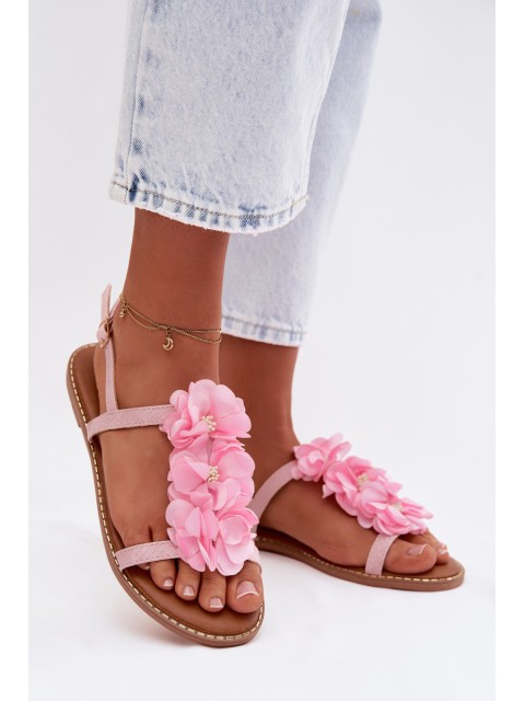 Women's Flat Pink Sandals With Decorative Flowers Noemia 2