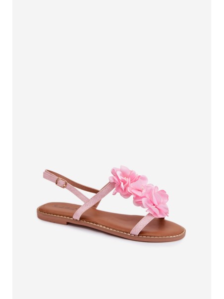 Women's Flat Pink Sandals With Decorative Flowers Noemia