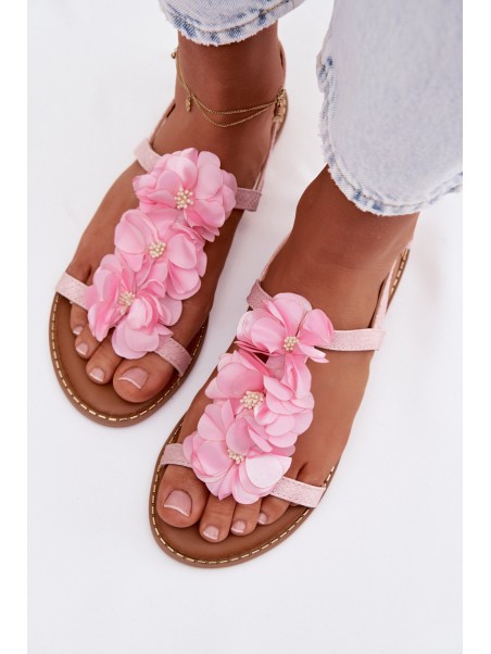 Women's Flat Pink Sandals With Decorative Flowers Noemia