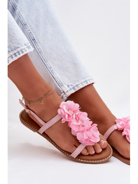 Women's Flat Pink Sandals With Decorative Flowers Noemia