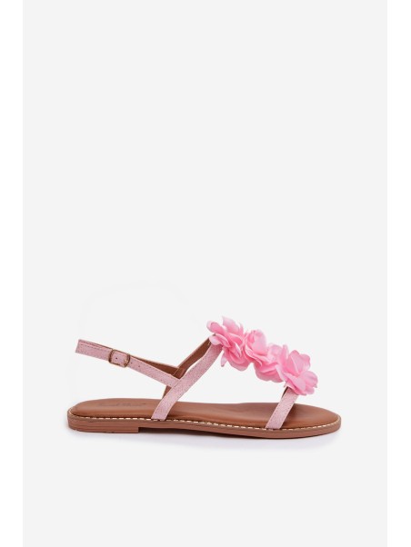 Women's Flat Pink Sandals With Decorative Flowers Noemia