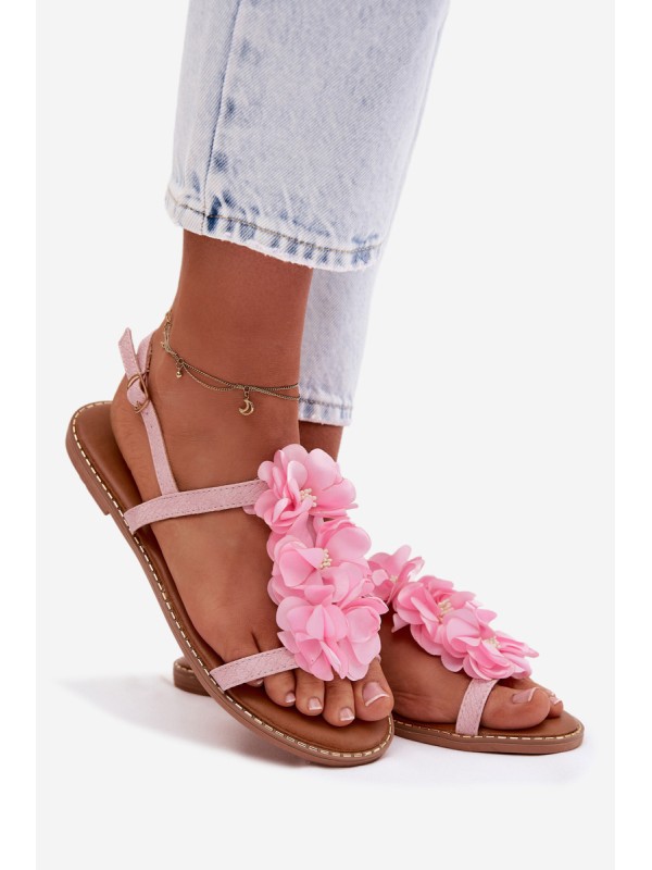 Women's Flat Pink Sandals With Decorative Flowers Noemia