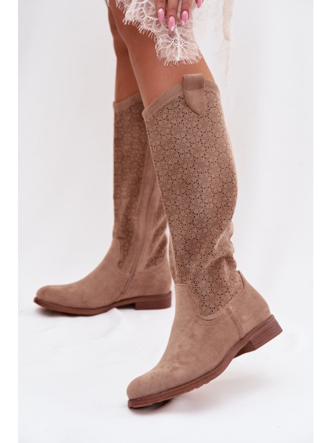 Women's Ankle Boots With Lace Pattern On Flat Heel S.Barski HY61-8022 Beige 2
