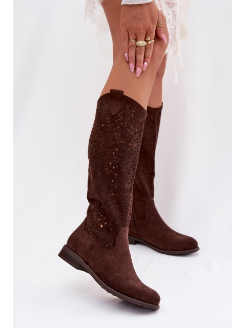 Women's Openwork Flat Heel Boots S.Barski HY61-8023 Chocolate 2