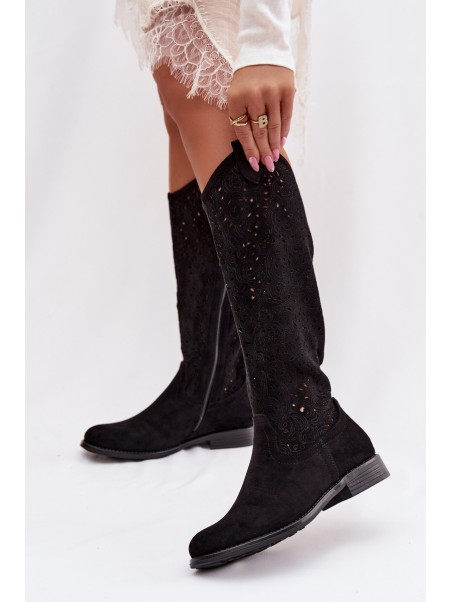 Women's Openwork Boots With Flat Heel S.Barski HY61-8023 Black