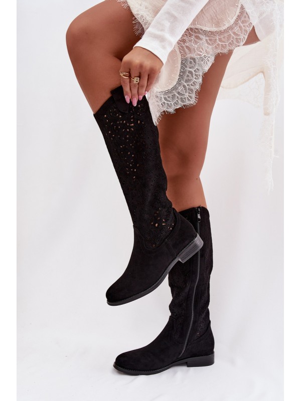 Women's Openwork Boots With Flat Heel S.Barski HY61-8023 Black