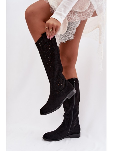 Women's Openwork Boots With Flat Heel S.Barski HY61-8023 Black