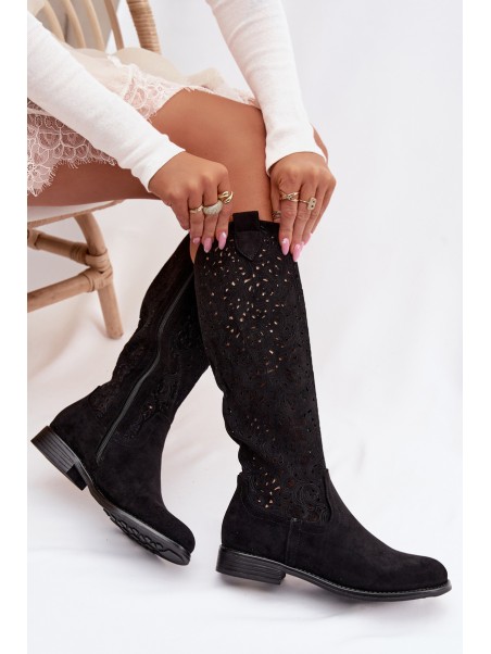 Women's Openwork Boots With Flat Heel S.Barski HY61-8023 Black