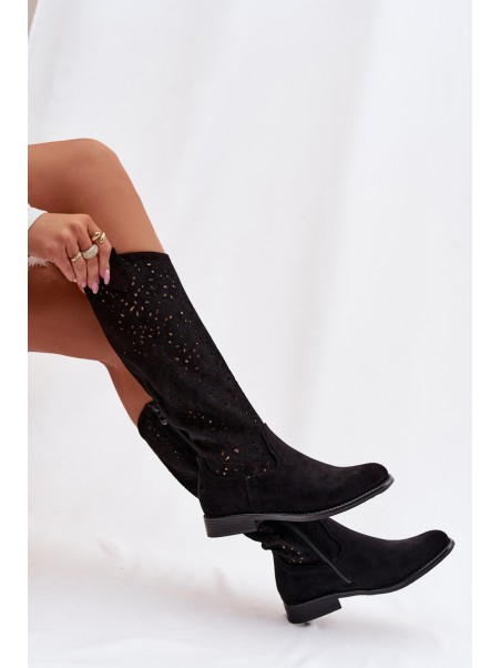 Women's Openwork Boots With Flat Heel S.Barski HY61-8023 Black