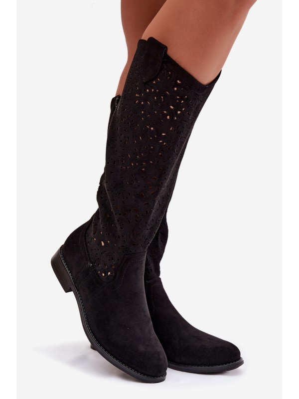 Women's Openwork Boots With Flat Heel S.Barski HY61-8023 Black