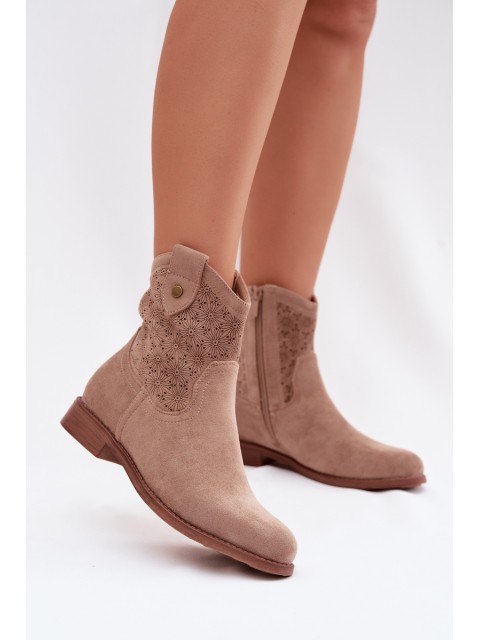 Women's Flat Heel Ankle Boots With Openwork Pattern S.Barski HY61-8025 Beige 2