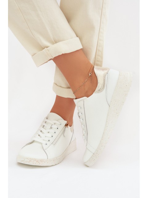 Leather Women's Flats with Zipper White-Gold Dorothea 2