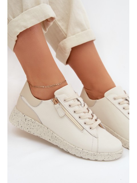 Leather Women's Loafers with Zipper Beige Dorothea 2