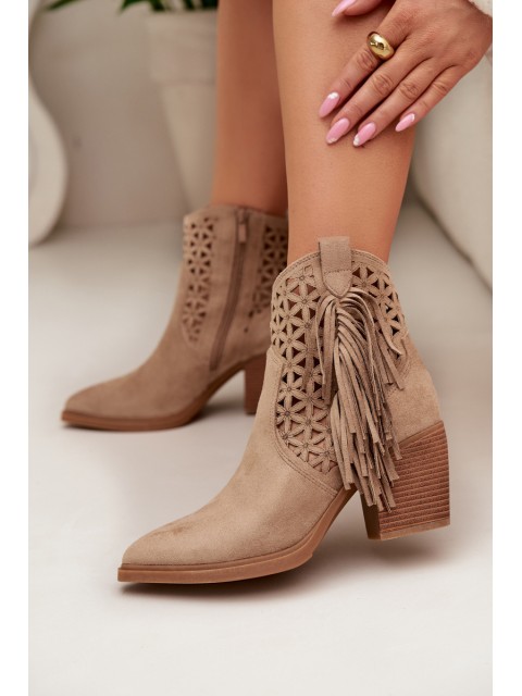 Women's Perforated Cowboy Boots with Block Heel with Fringes Beige Calissey