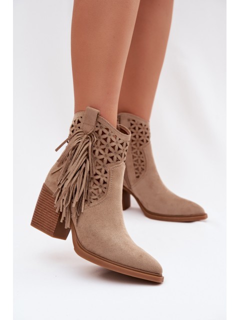 Women's Perforated Cowboy Boots with Block Heel with Fringes Beige Calissey 2
