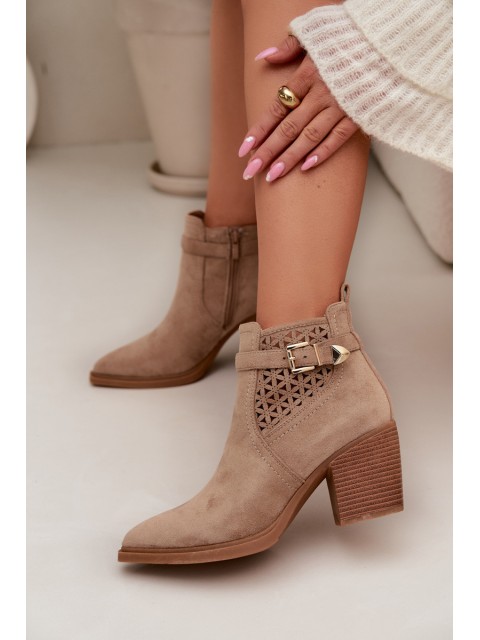 Women's Openwork Block Heel Boots with Openwork Pattern and Gold Buckle Beige Deloriah