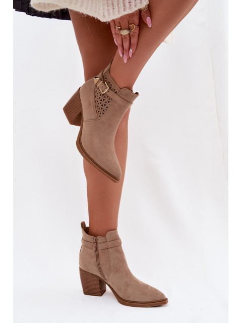Women's Openwork Block Heel Boots with Openwork Pattern and Gold Buckle Beige Deloriah 2