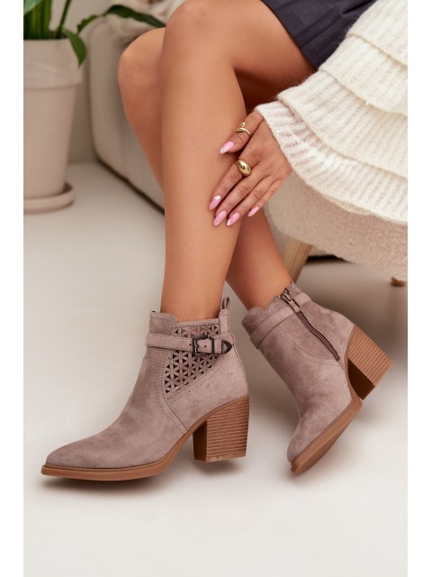 Women's Perforated Block Heeled Ankle Boots with Perforated Pattern and Gold Buckle Dark Beige Deloriah