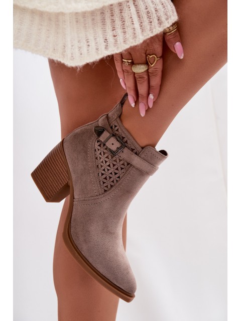 Women's Perforated Block Heeled Ankle Boots with Perforated Pattern and Gold Buckle Dark Beige Deloriah 2
