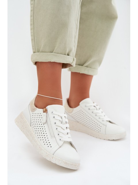 Leather Women's Sneakers With Zipper White-Gold Kalorinne 2