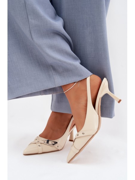 Moteriškos aukštakulnės basutės su dirželiais ir sagtimi smėlio spalvos...