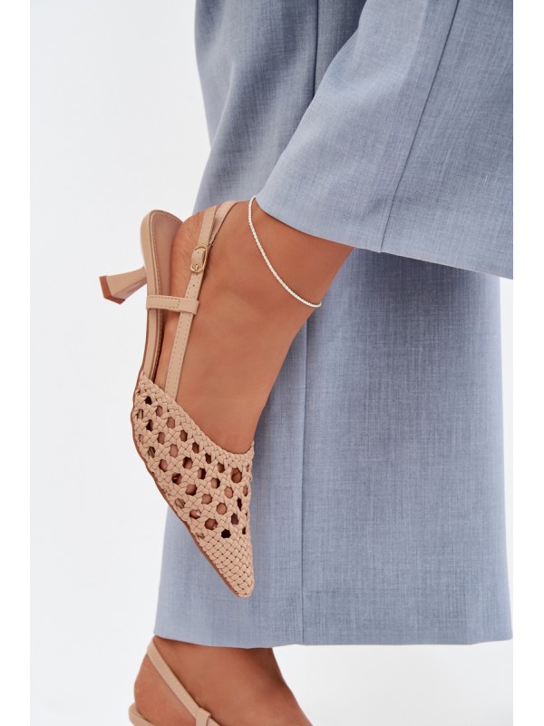 Women's Beige Woven Heeled Sandals Selinae