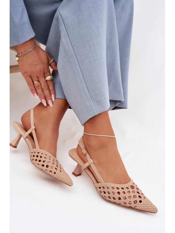 Women's Beige Woven Heeled Sandals Selinae