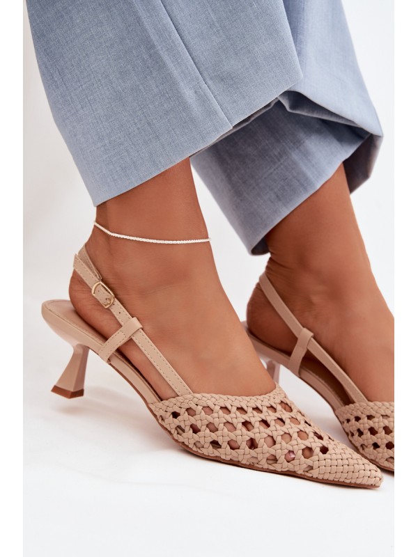 Women's Beige Woven Heeled Sandals Selinae
