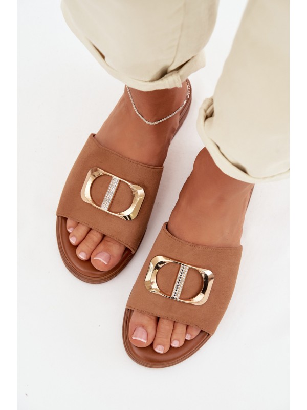 Moteriškos šlepetės su auksinėmis detalėmis, Camel spalvos, Elmera