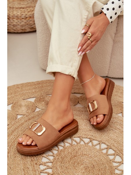 Moteriškos šlepetės su auksinėmis detalėmis, Camel spalvos, Elmera