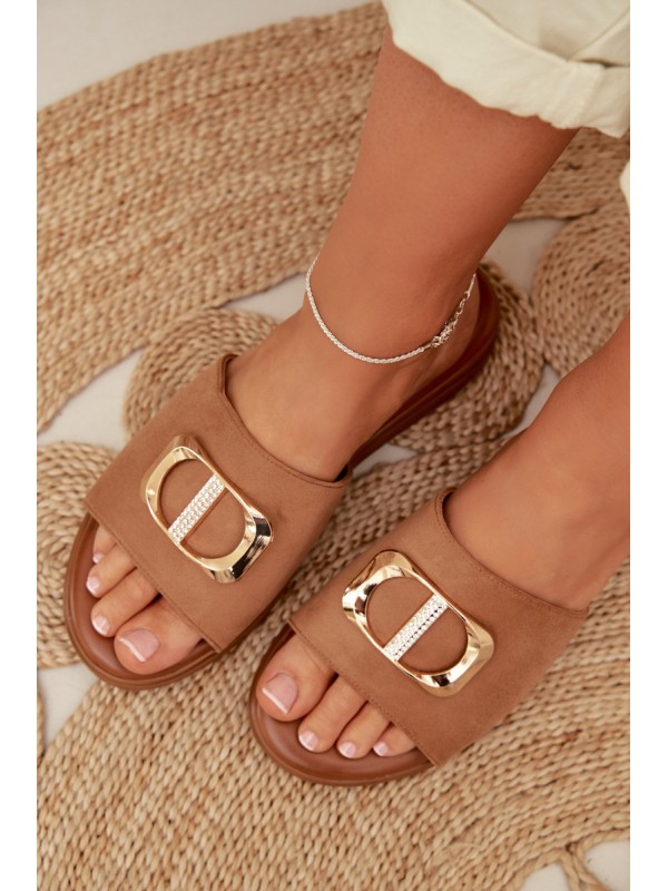 Moteriškos šlepetės su auksinėmis detalėmis, Camel spalvos, Elmera