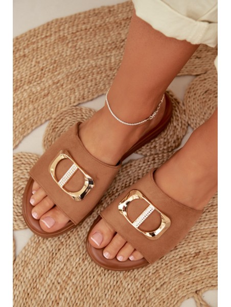 Moteriškos šlepetės su auksinėmis detalėmis, Camel spalvos, Elmera