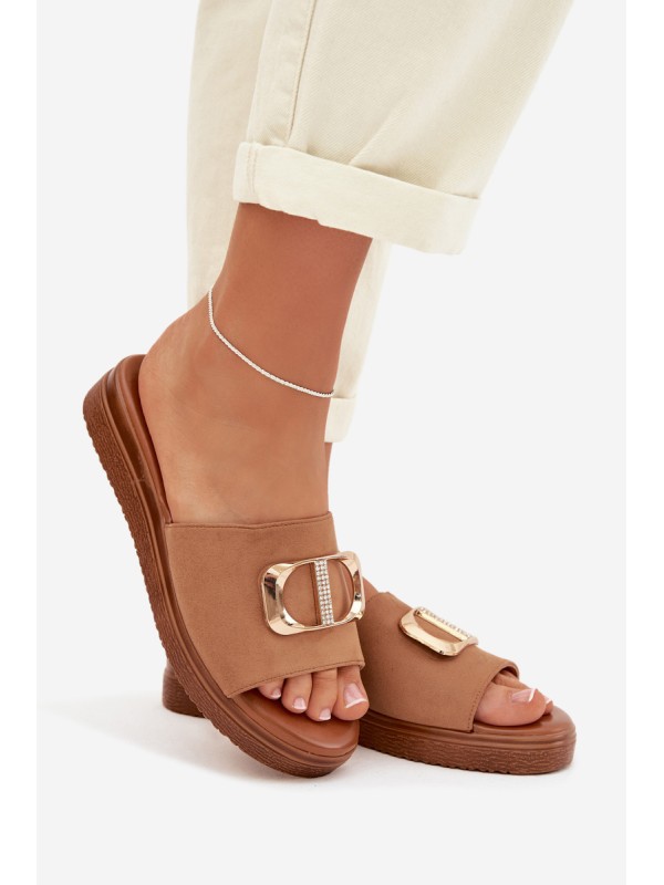 Moteriškos šlepetės su auksinėmis detalėmis, Camel spalvos, Elmera