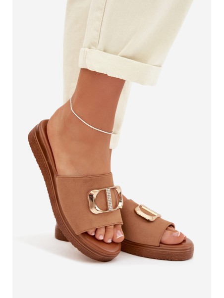 Moteriškos šlepetės su auksinėmis detalėmis, Camel spalvos, Elmera
